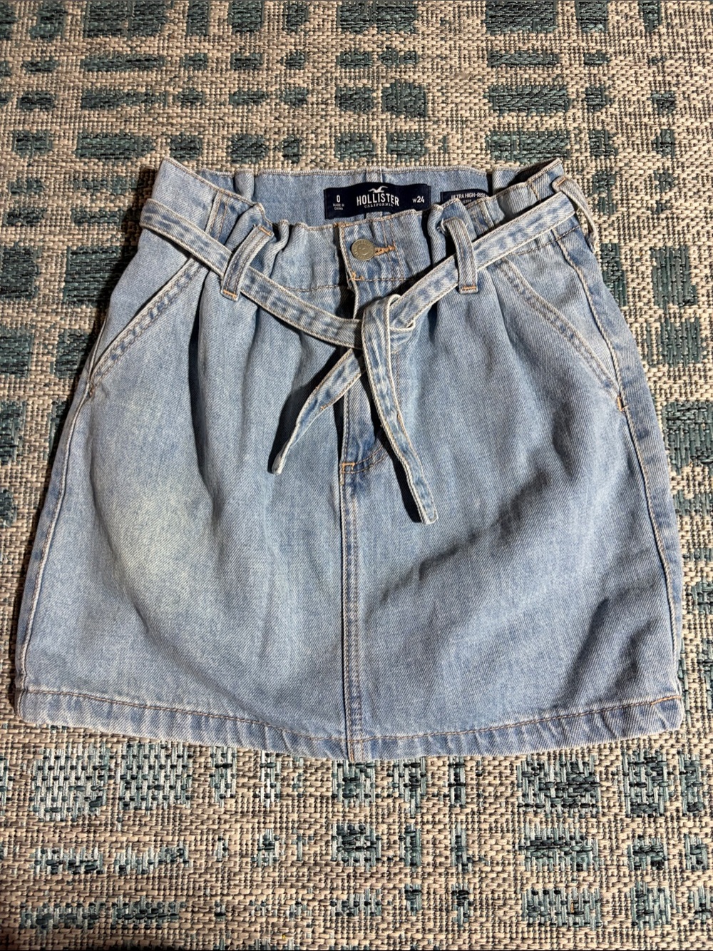 Hollister Light Blue Denim Paperbag Waist Skirt with Tie